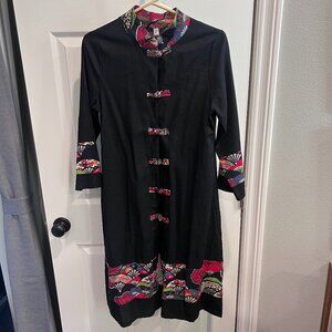 Chinese Style Duster with Mandarin Collar and Frog Buttons